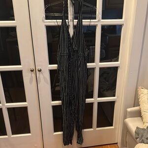 Black and White Striped Halter Jumpsuit